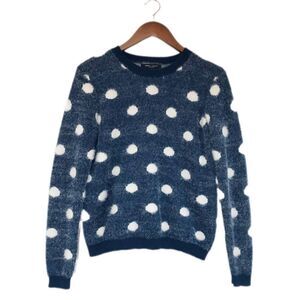 R+J Couture Navy White Polka Sot Fuzzy Sweater‎ Pullover Crewneck Size Medium